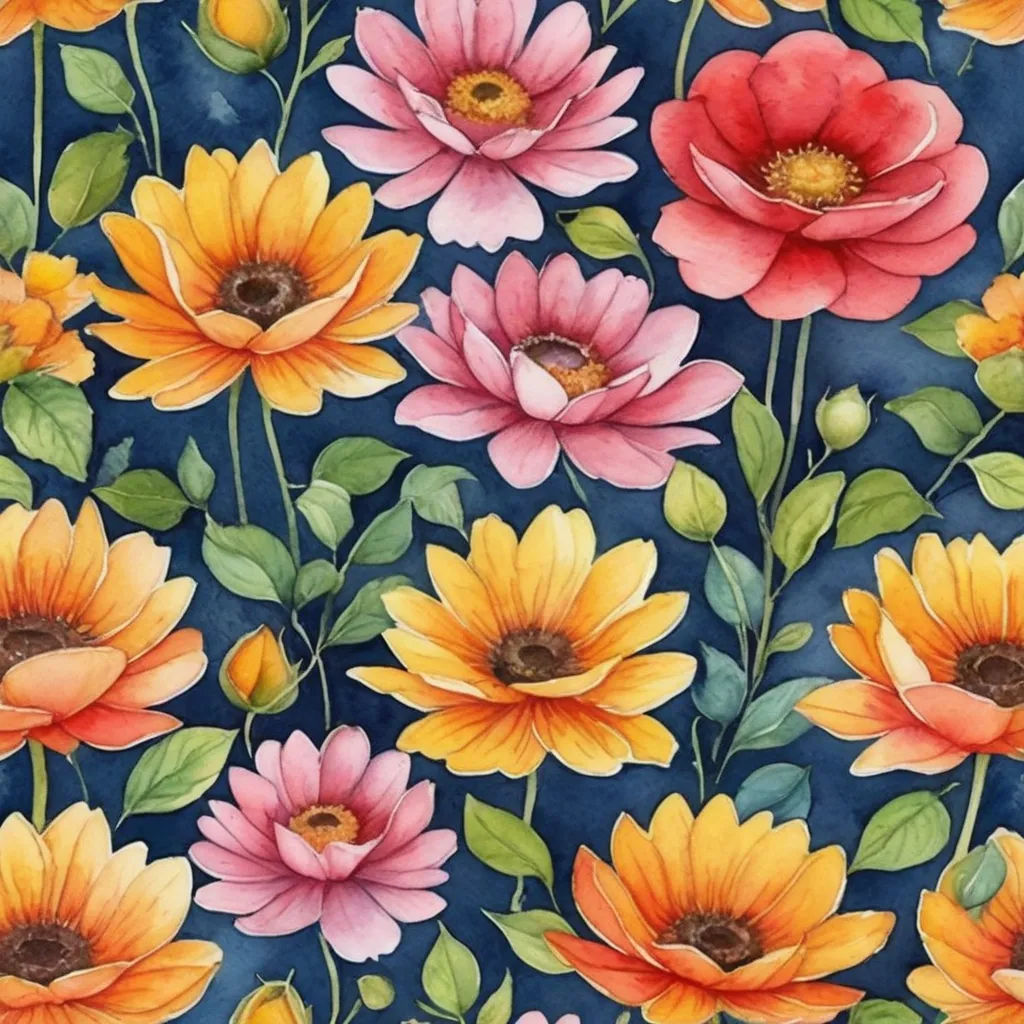 a painting of a bunch of flowers on a blue background with leaves and flowers on it, with a blue background with a yellow center and pink center flower, folk art, a watercolor painting, Annabel Kidston, in gouache detailed paintings