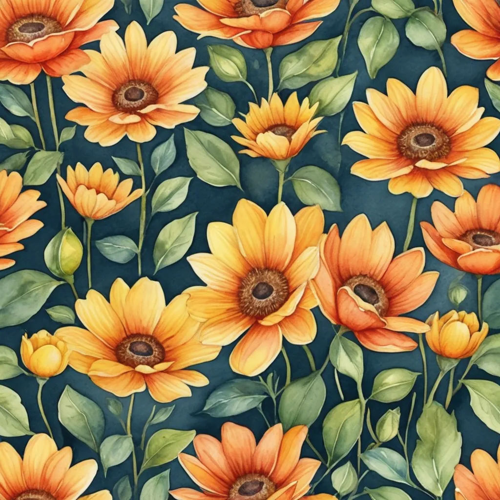 a painting of sunflowers with green leaves on a blue background with a brown center and a brown center, arts and crafts movement, a detailed painting, Annabel Kidston, flowers
