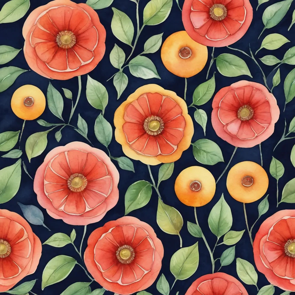 a painting of red flowers and green leaves on a blue background with a yellow center and a green stem, arts and crafts movement, a detailed painting, Annabel Kidston, in gouache detailed paintings