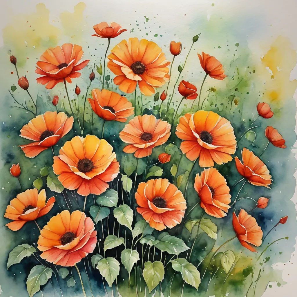 a painting of orange flowers with green leaves and watercolors on paper, with a white background and a blue sky, modern european ink painting, a watercolor painting, Alison Kinnaird, watercolor