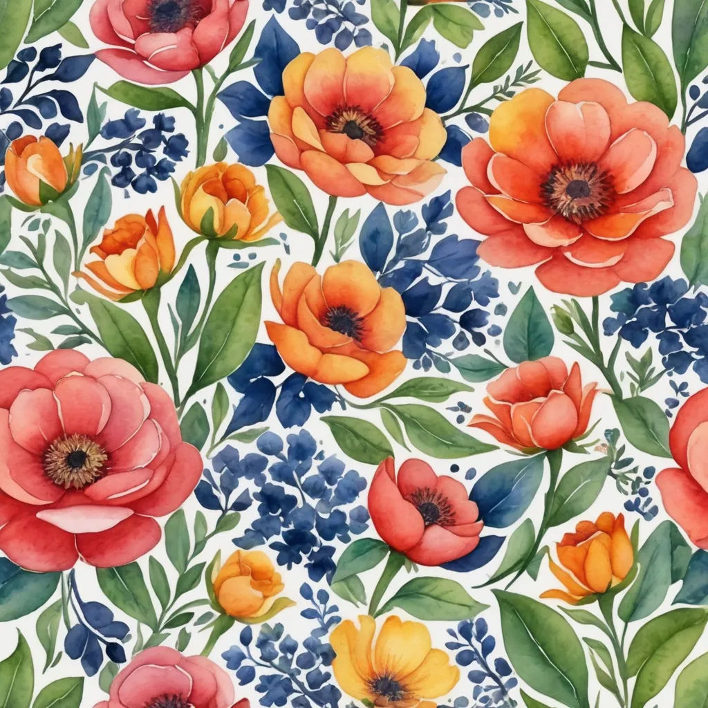 a watercolor painting of flowers and leaves on a white background with blue and orange colors, with a blue border, arts and crafts movement, a watercolor painting, Annabel Kidston, in gouache detailed paintings