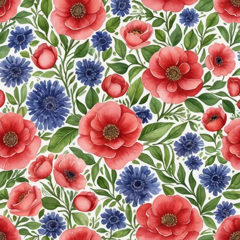 a floral pattern with red, blue and green flowers on a white background with leaves and flowers on a white background, arts and crafts movement, a watercolor painting, Annabel Kidston, fine foliage lace