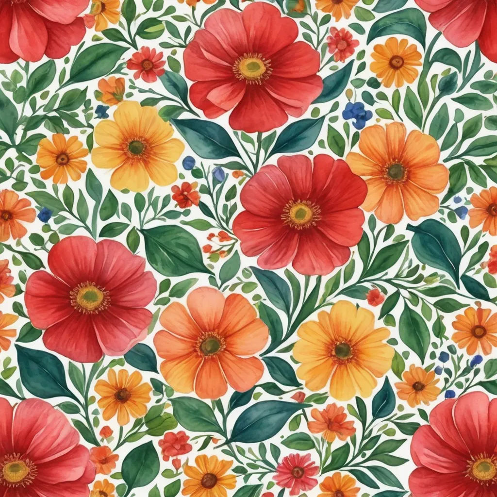 a colorful flower pattern with leaves and flowers on a white background photo and text area is included for additional text, arts and crafts movement, a watercolor painting, Annabel Kidston, flowers
