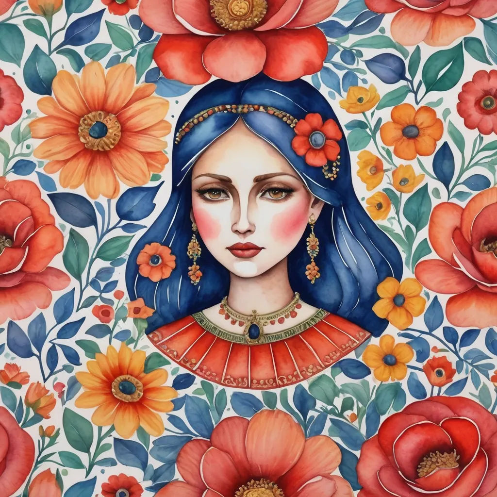 a painting of a woman with blue hair and flowers on a white background with red and orange flowers and leaves, qajar art, a watercolor painting, Amanda Sage, in gouache detailed paintings