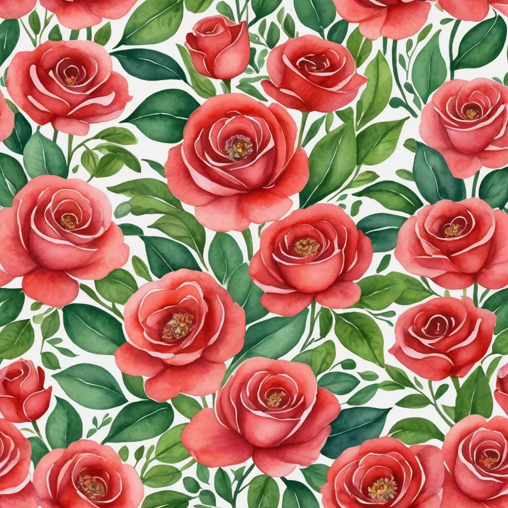 a watercolor painting of red roses and green leaves on a white background with a green stem and leaves, rococo, a detailed painting, Annabel Kidston, roses