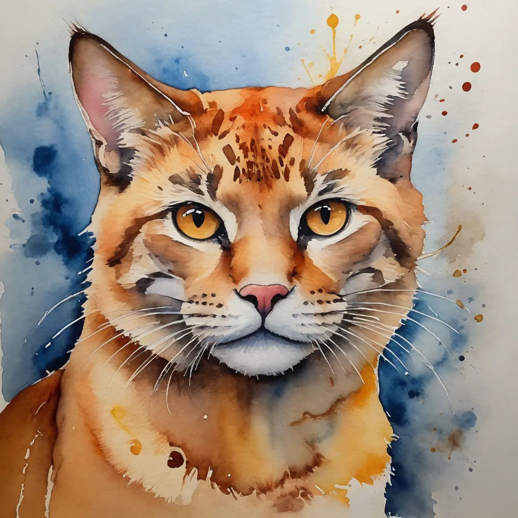 a painting of a cat with yellow eyes and a brown cat's head is shown in the background, modern european ink painting, a watercolor painting, Alison Kinnaird, watercolor
