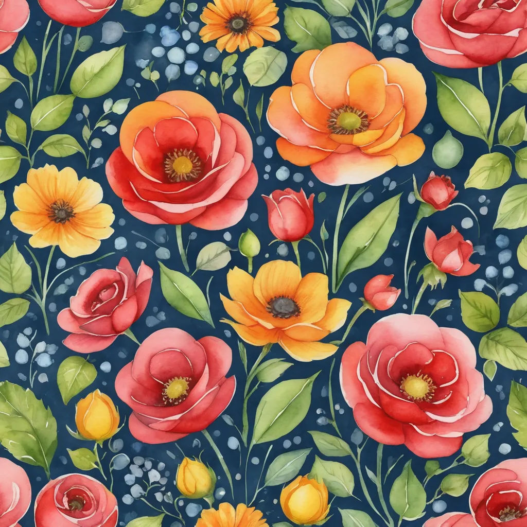 a painting of red and yellow flowers on a blue background with green leaves and bubbles in the water and bubbles in the water, arts and crafts movement, an ultrafine detailed painting, Annabel Kidston, in gouache detailed paintings