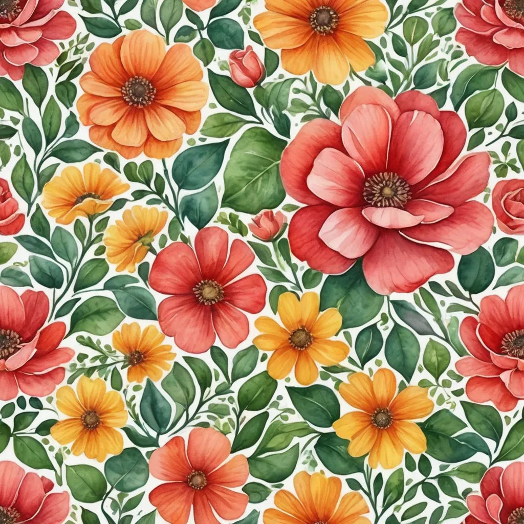 a floral pattern with red, yellow and orange flowers on a white background photo by susan schlett, arts and crafts movement, a watercolor painting, Annabel Kidston, in gouache detailed paintings
