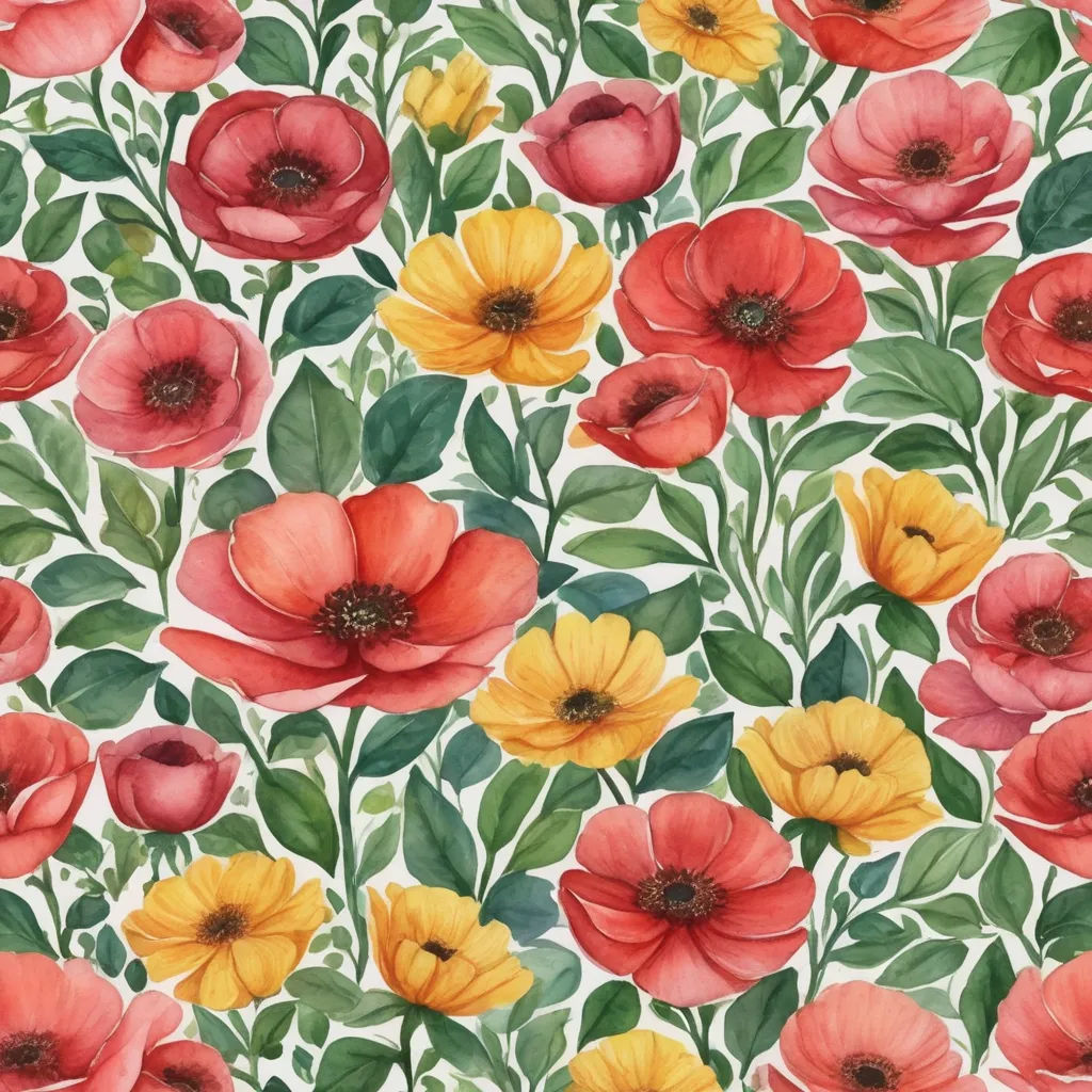 a painting of red, yellow and orange flowers on a white background with green leaves and stems on the bottom, arts and crafts movement, a watercolor painting, Annabel Kidston, in gouache detailed paintings