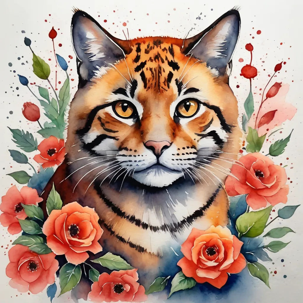 a painting of a tiger surrounded by flowers and leaves with a watercolor effect of orange and red roses, furry art, a watercolor painting, artist, in gouache detailed paintings