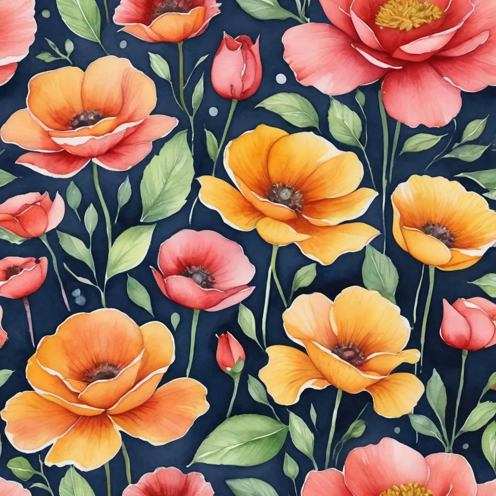 a painting of flowers on a blue background with leaves and dots in the center of the image is a red and yellow flower, arts and crafts movement, a watercolor painting, Annabel Kidston, in gouache detailed paintings