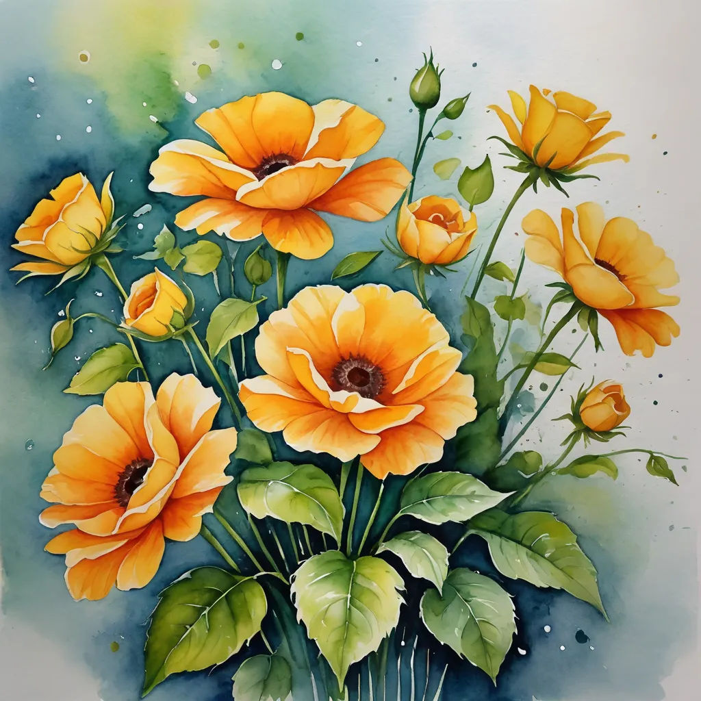 a painting of yellow flowers in a vase on a blue background with watercolor stains and drops of paint, modern european ink painting, a watercolor painting, Carol Sutton, watercolor