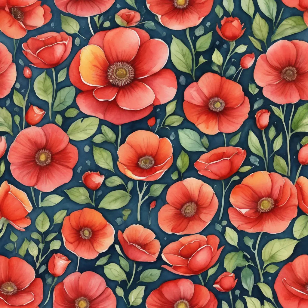 a painting of red flowers on a blue background with green leaves and leaves on it, with a dark background, arts and crafts movement, a watercolor painting, Annabel Kidston, in gouache detailed paintings