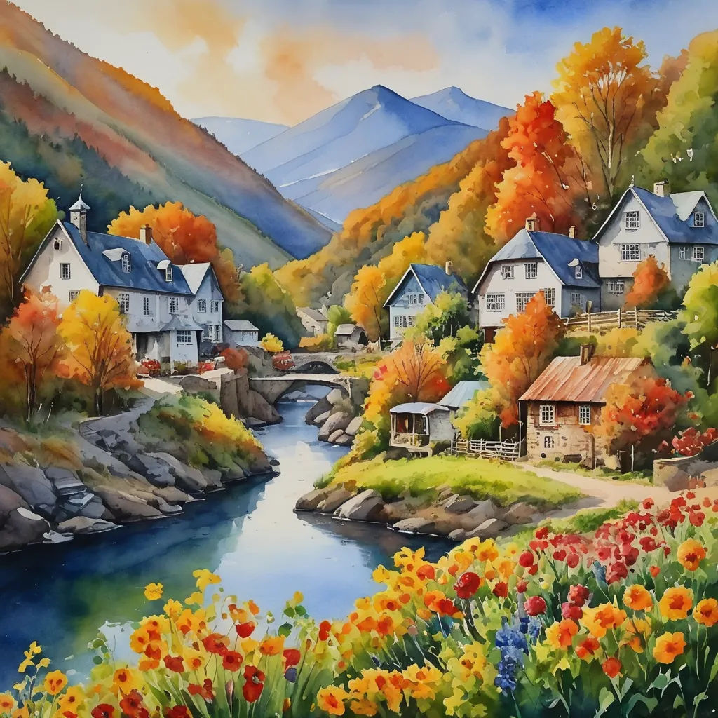 a painting of a village by a river with flowers and trees around it and mountains in the background with a river running through it, american scene painting, a watercolor painting, Art Brenner, kinkade