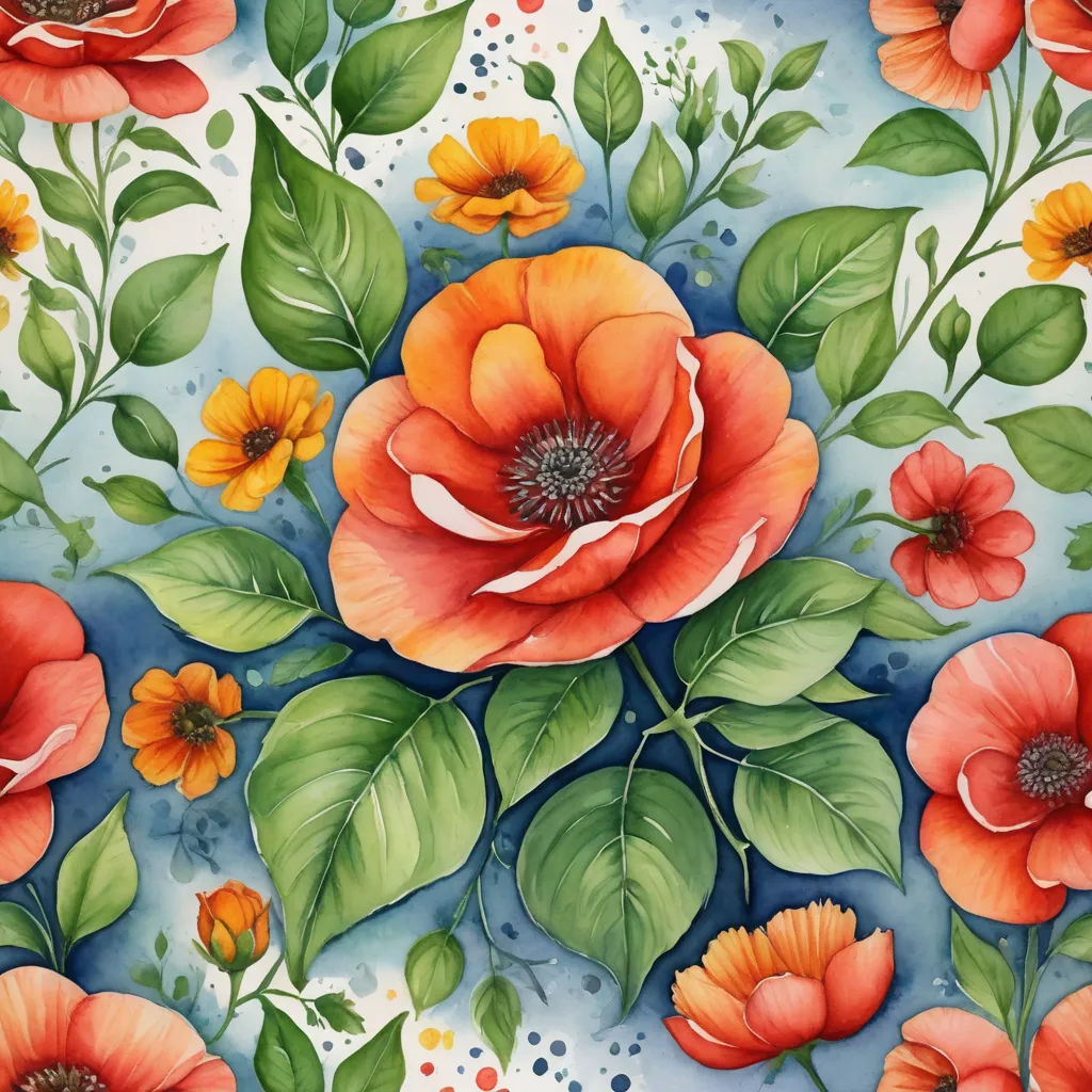 a painting of a flower with leaves and flowers on it's surface, with a blue background and white dots, folk art, a watercolor painting, Annabel Kidston, in gouache detailed paintings