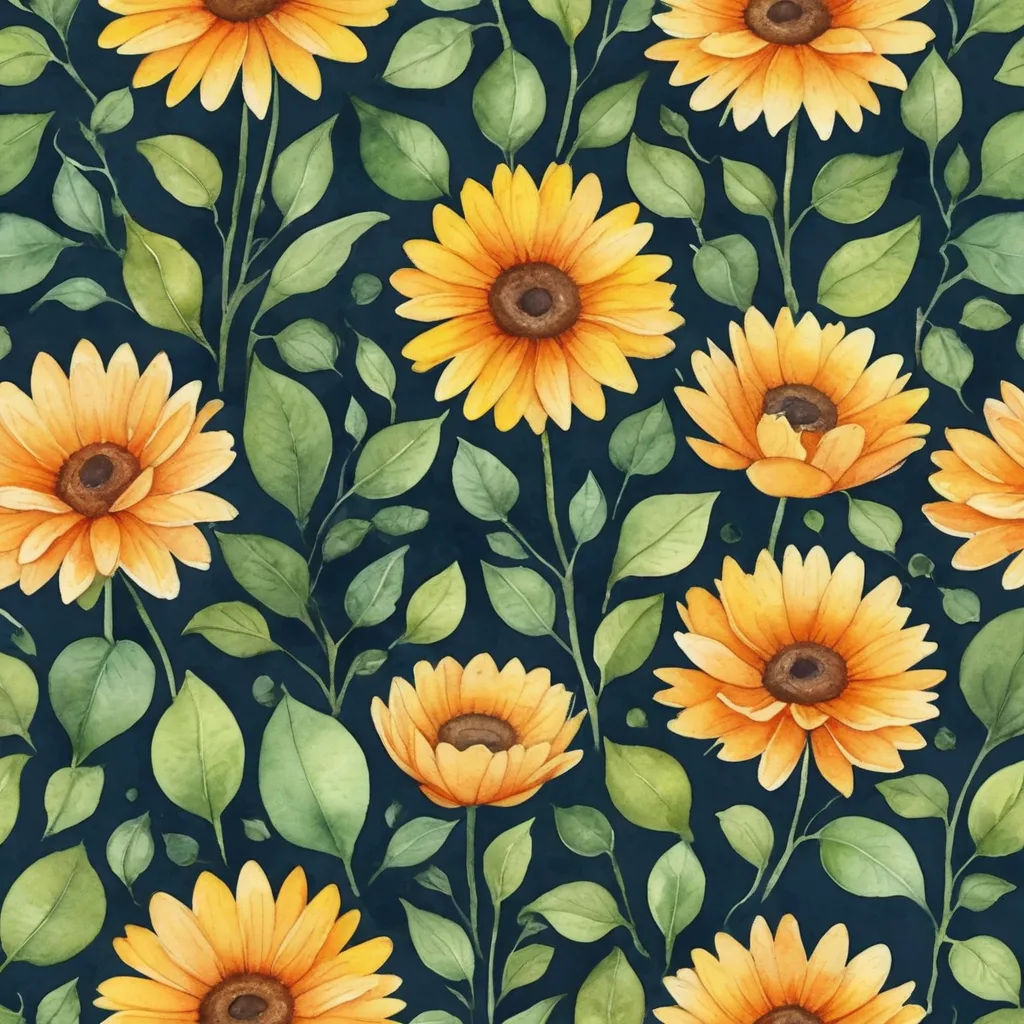 a painting of sunflowers with green leaves on a black background with a brown center and a brown center, arts and crafts movement, a jigsaw puzzle, Annabel Kidston, flowers