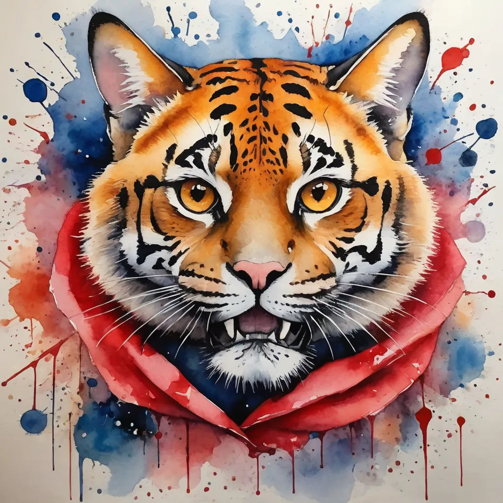 a tiger with a red rose in its mouth and a watercolor splash on the background of the image, bengal school of art, a watercolor painting, Artgerm, trending on art station