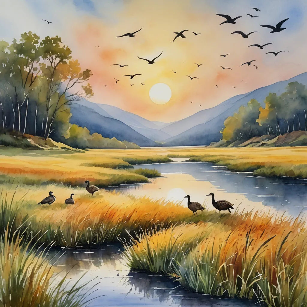 a painting of a sunset with birds flying over a river and a mountain range in the background with a sunset, american scene painting, a watercolor painting, Carol Sutton, sunrise