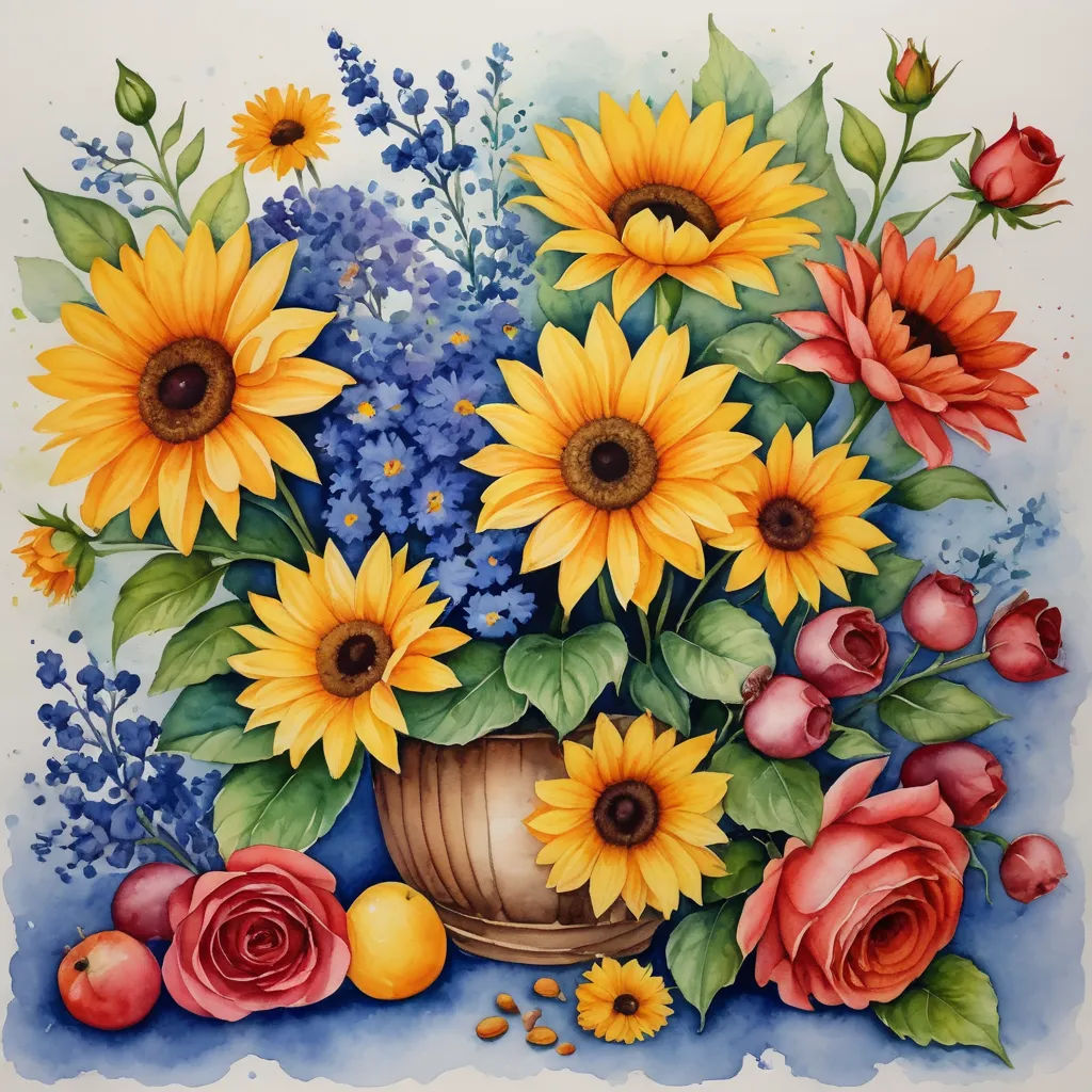 a painting of a vase of sunflowers and roses with blue flowers and berries on the side of the painting, modern european ink painting, a watercolor painting, Carol Sutton, highly detailed oil painting