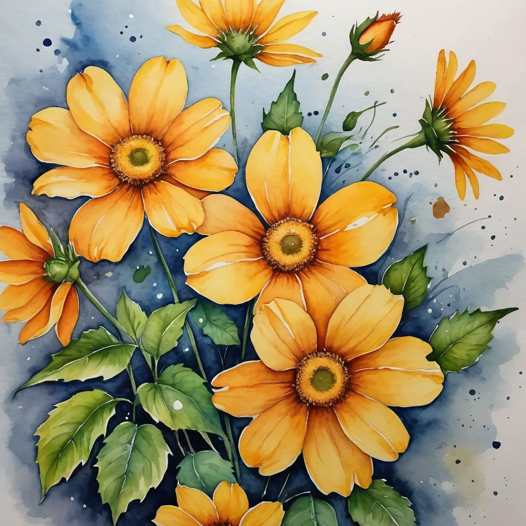 a painting of yellow flowers with green leaves on a white background with watercolor splashes and a blue spot, modern european ink painting, a watercolor painting, Cindy Wright, watercolor