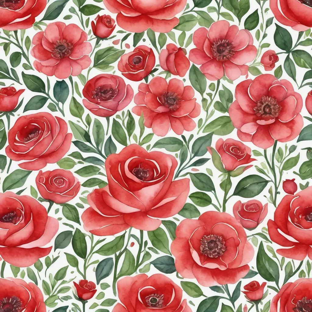 a red flower pattern with green leaves and flowers on a white background, with a red rose in the center, arts and crafts movement, a watercolor painting, Annabel Kidston, roses