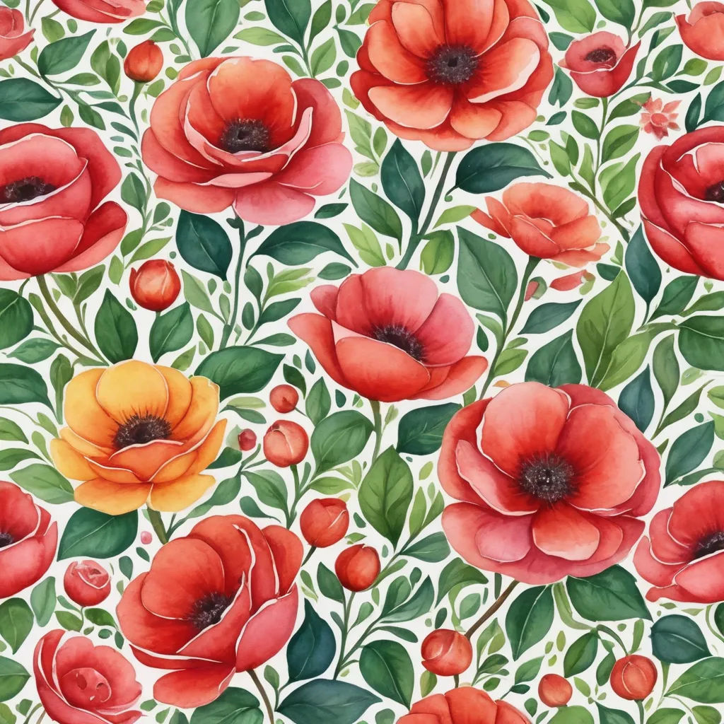 a painting of red and yellow flowers on a white background with green leaves and flowers on the bottom of the image, arts and crafts movement, a watercolor painting, Annabel Kidston, in gouache detailed paintings