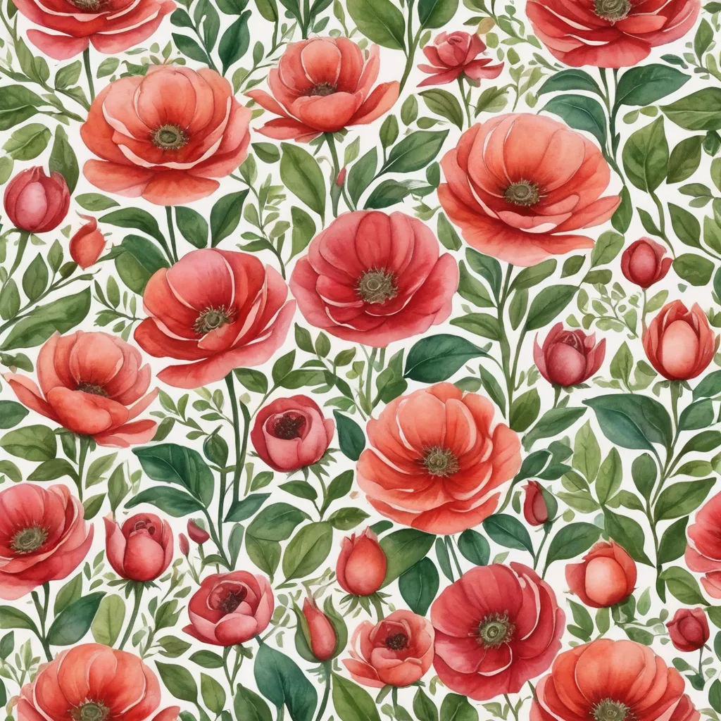 a red flower pattern with green leaves and flowers on a white background, with a green stem and leaves, arts and crafts movement, a watercolor painting, Annabel Kidston, in gouache detailed paintings