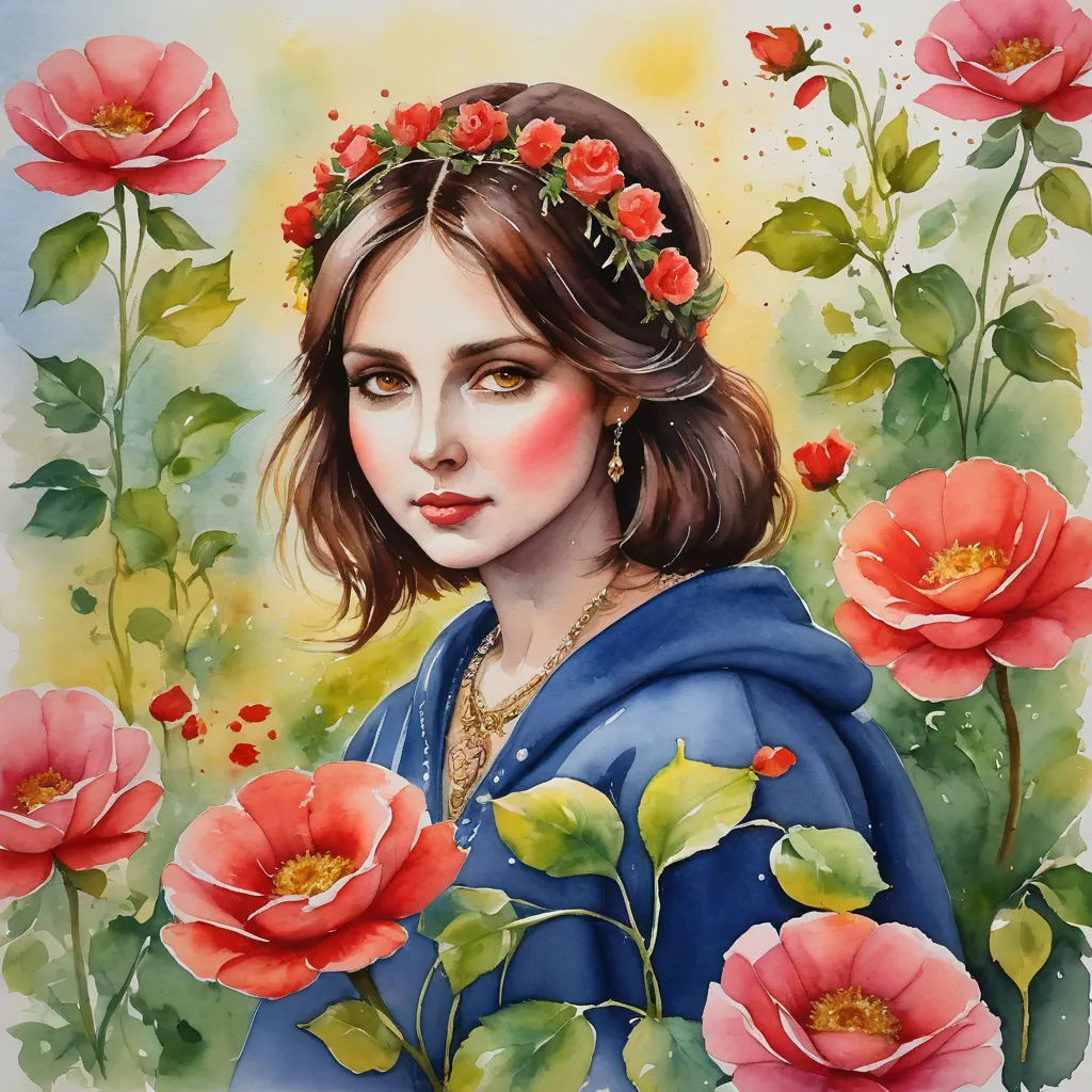 a painting of a woman with flowers in her hair and a blue dress with a wreath of roses on her head, gothic art, a watercolor painting, Anne Stokes, trending on art station