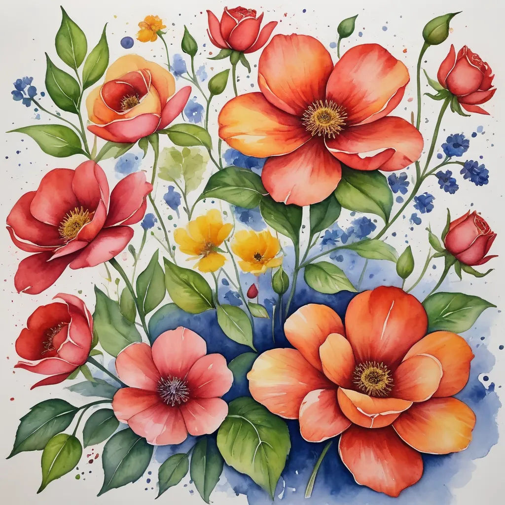 a painting of red and yellow flowers on a white background with watercolor paint on paper and a blue background, modern european ink painting, a watercolor painting, Annabel Kidston, in gouache detailed paintings