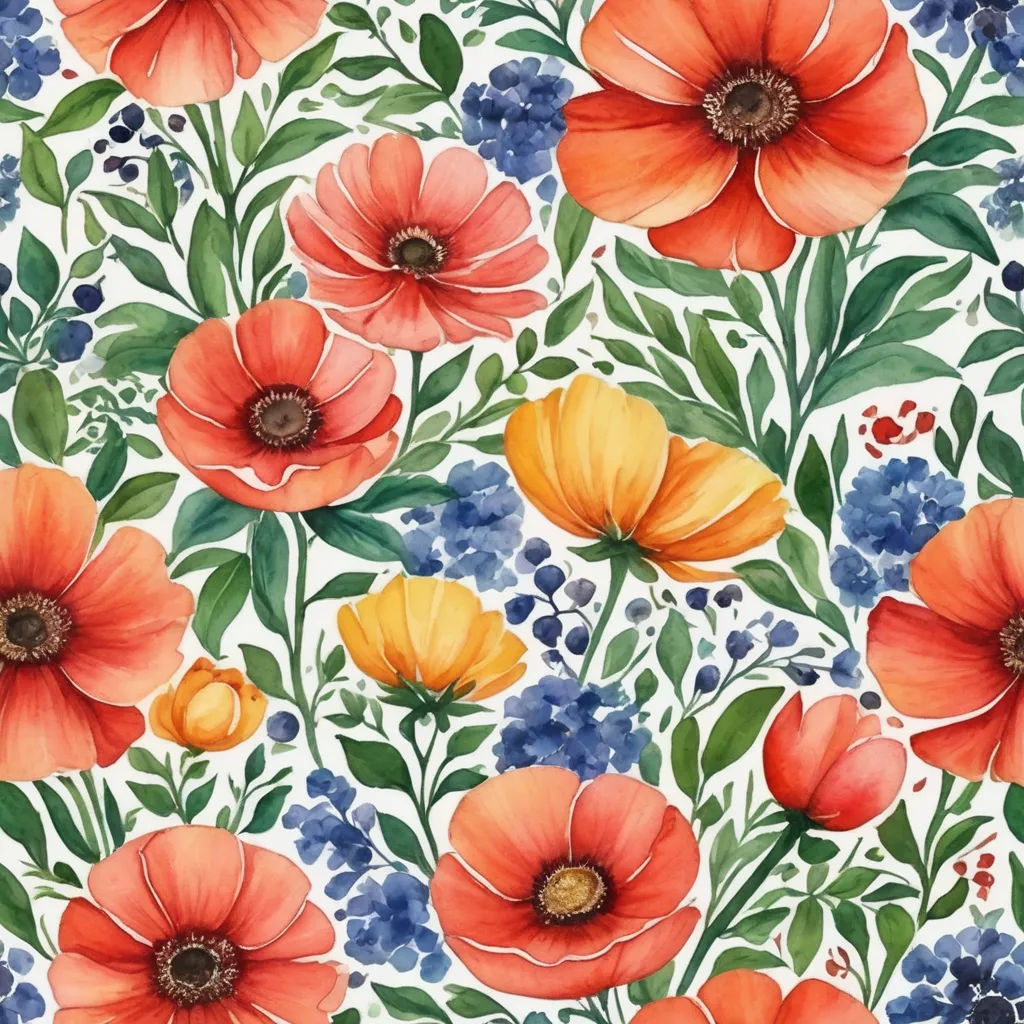 a painting of flowers and leaves on a white background with blue and orange flowers and leaves on the bottom, arts and crafts movement, a watercolor painting, Annabel Kidston, in gouache detailed paintings