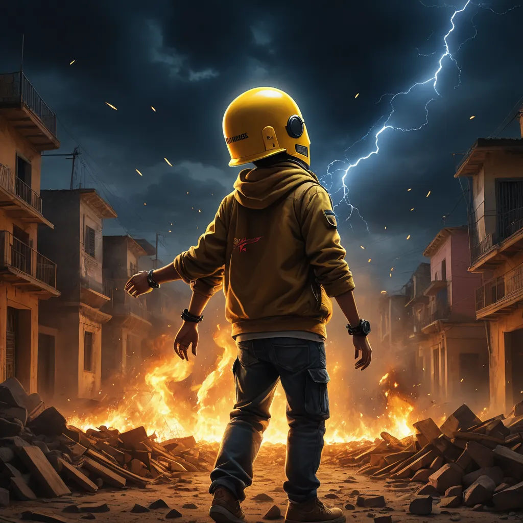 a man in a yellow helmet standing in a street with a lot of rubble and a lightning in the background, shock art, poster art, Cyril Rolando, key art