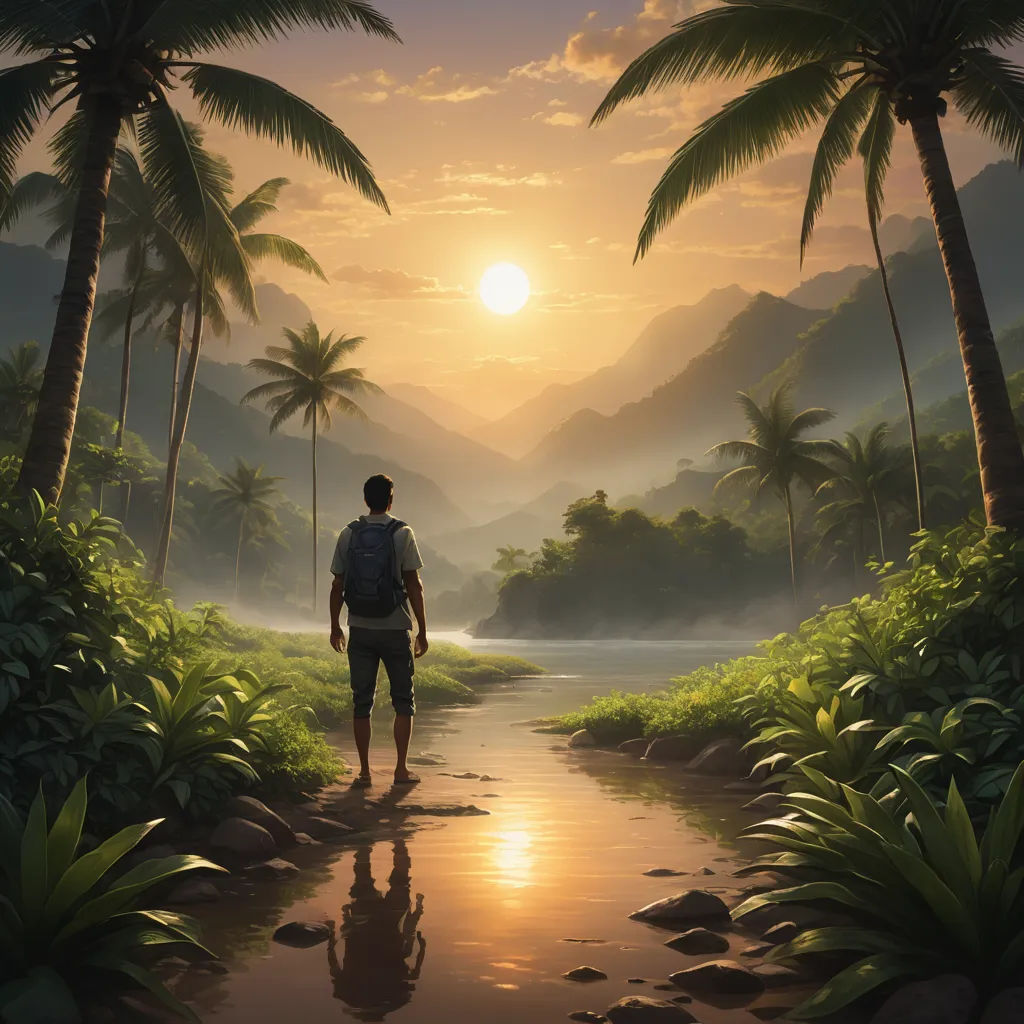 a man walking down a path through a jungle with palm trees and a sunset in the background, with a reflection of the sun in the water, fantasy art, a detailed matte painting, Cyril Rolando, rossdraws global illumination