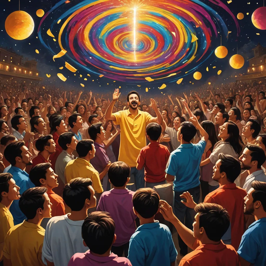a man standing in front of a crowd of people with a bright light above him and a spiral of balls above him, psychedelic art, poster art, Chris LaBrooy, official art
