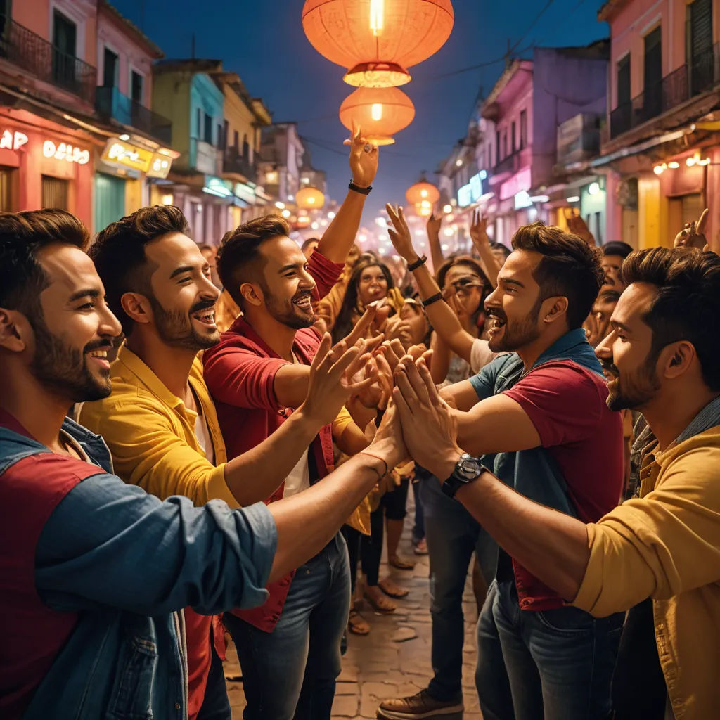 a group of people standing in a street holding hands up to the sky with a lantern hanging above them, kitsch movement, a stock photo, Ella Guru, promotional image