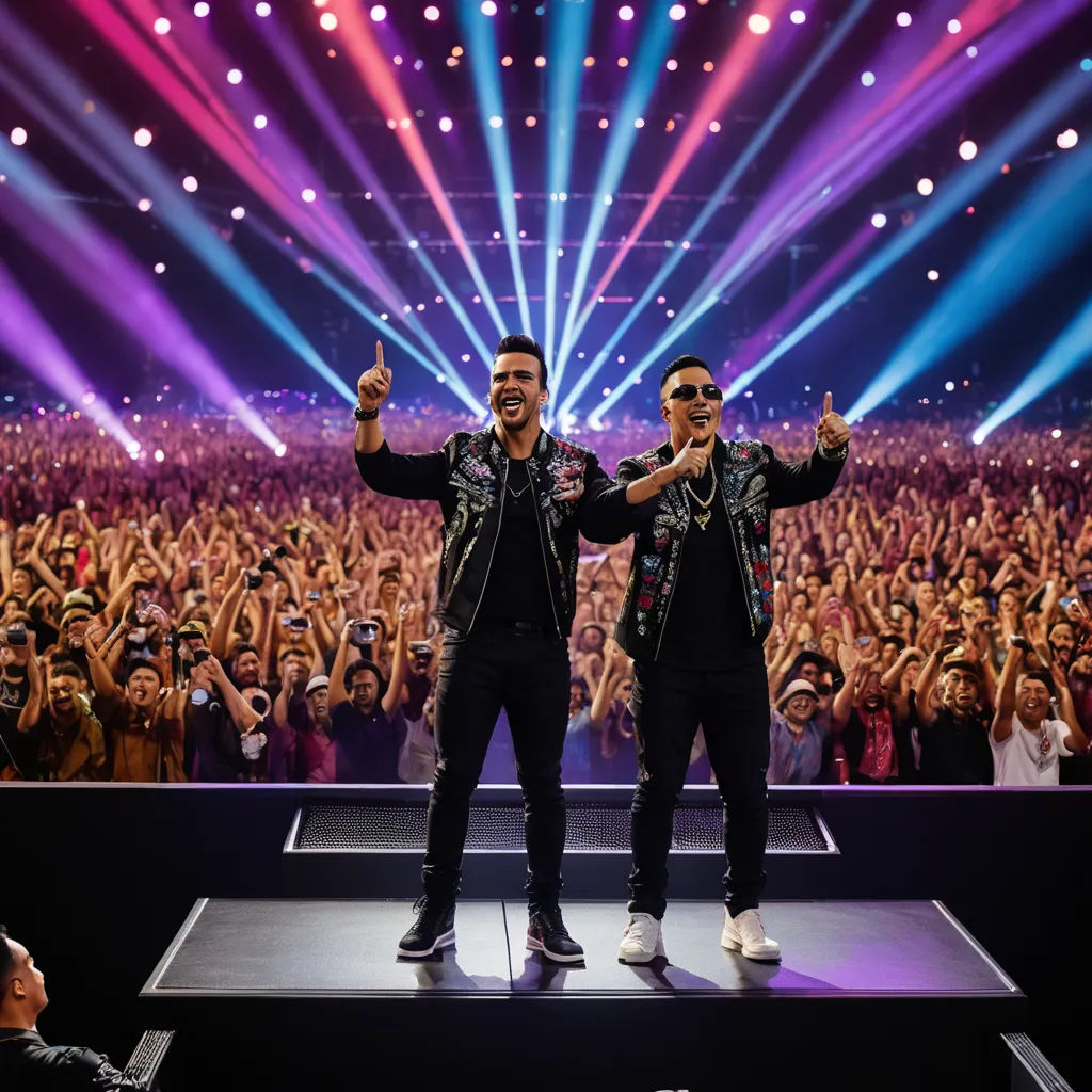 two men standing on a stage with their arms in the air and their hands in the air, with a crowd of people behind them, maximalism, a poster, Altichiero, promotional image