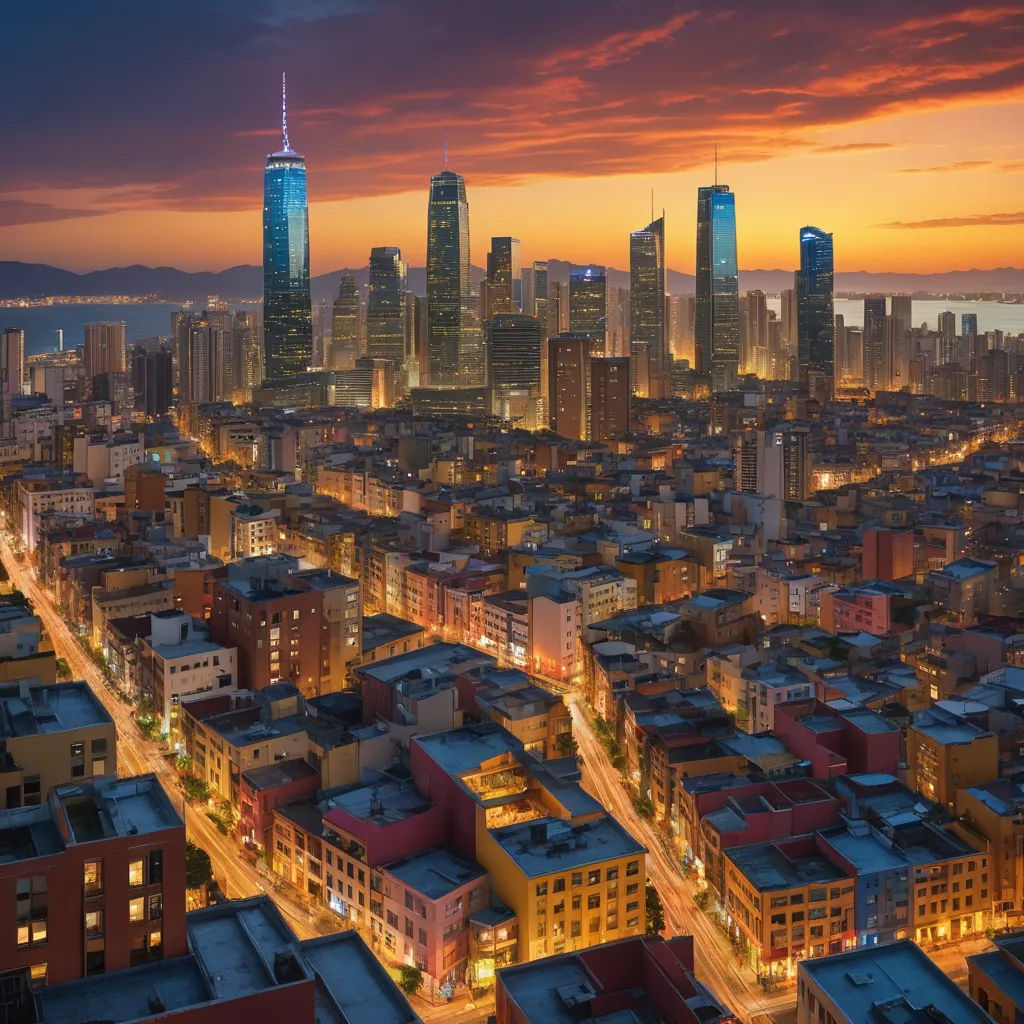 a city skyline with a sunset in the background and a red sky in the foreground with a few buildings, american scene painting, a digital rendering, Evgeny Lushpin, cityscape