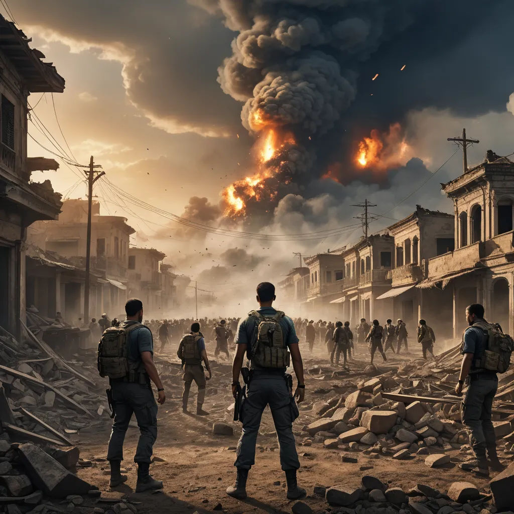 a group of people standing in a street with a lot of smoke in the background and a building on fire, serial art, a detailed matte painting, Chris LaBrooy, cinematic matte painting