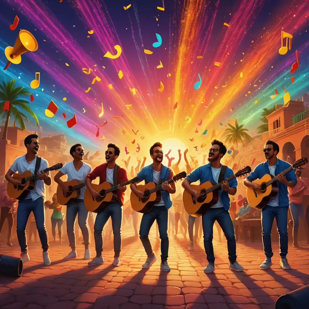 a group of men playing guitars in front of a crowd of people with colorful lights and confetti, sots art, concept art, Chris LaBrooy, key art