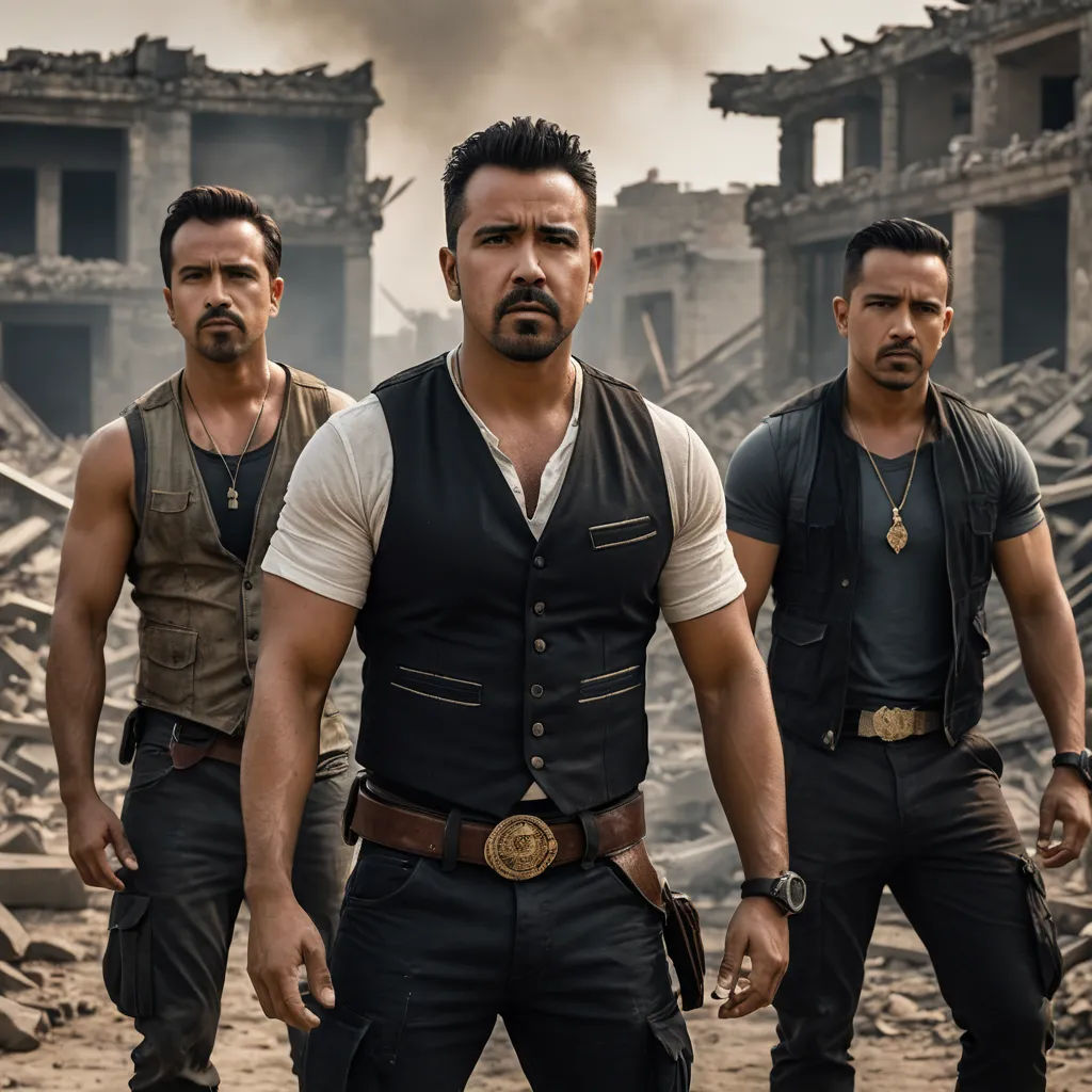 a group of men standing in front of a destroyed building with a sky background and smoke billowing out of the building, hurufiyya, a poster, Altoon Sultan, movie still