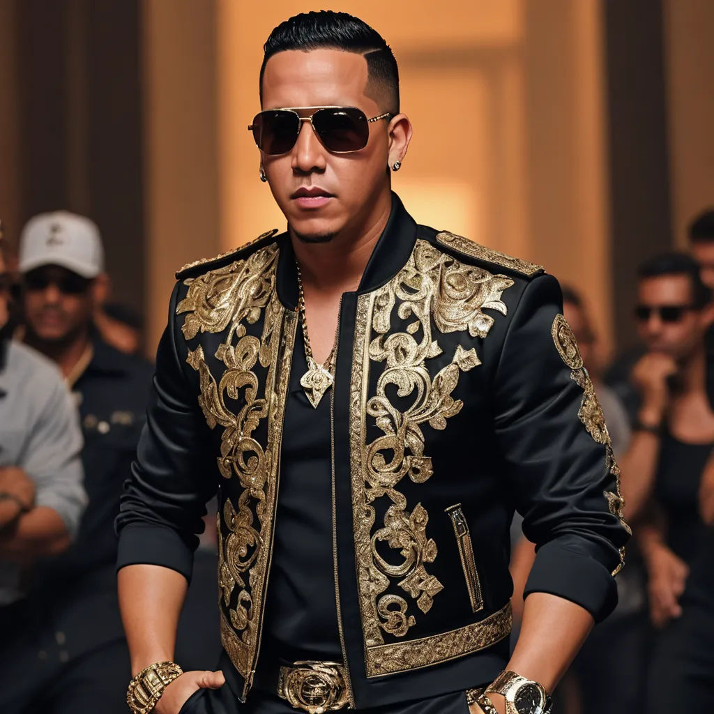 a man in a black and gold jacket and sunglasses walking down a runway with other people behind him and a man in a white hat and sunglasses, maximalism, a flemish Baroque, Chafik Charobim, vfx