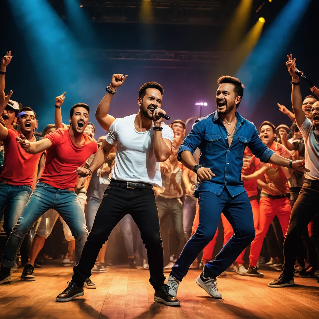 a group of men standing on top of a wooden floor next to each other on stage with arms in the air, kitsch movement, a poster, Daryush Shokof, promotional image