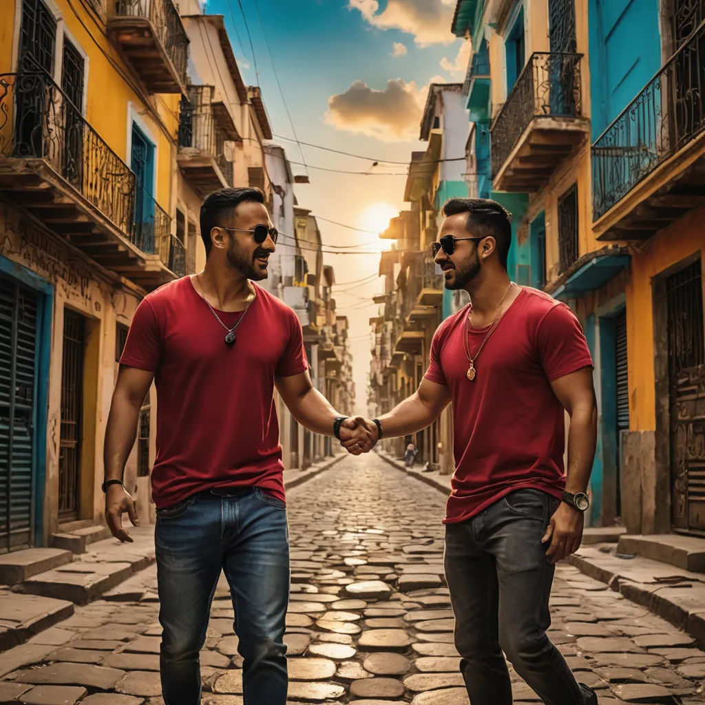 two men in red shirts are walking down a cobblestone street holding hands and smiling at each other, verdadism, a stock photo, Altichiero, affinity photo