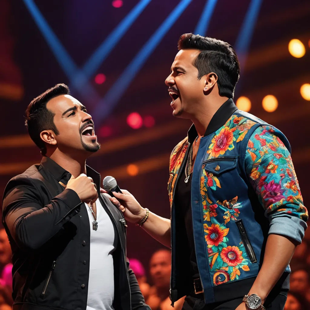 two men singing into a microphone on stage with a crowd in the background at a concert or show with lights, regionalism, a poster, Arturo Rivera, promotional image
