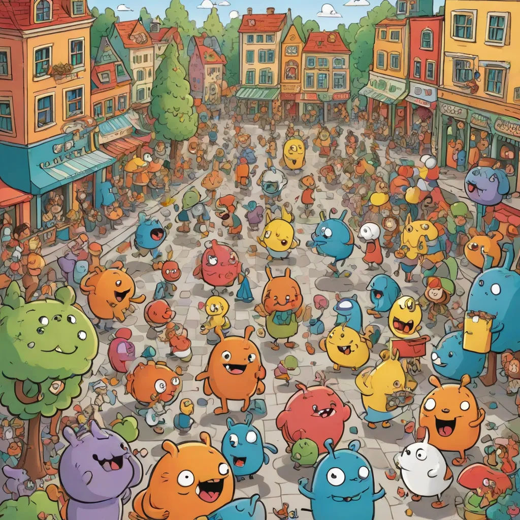a large group of cartoon characters are in a city square with buildings and trees in the background, and a crowd of people in the middle of the street, a storybook illustration, Chris LaBrooy, lyco art, comic cover art