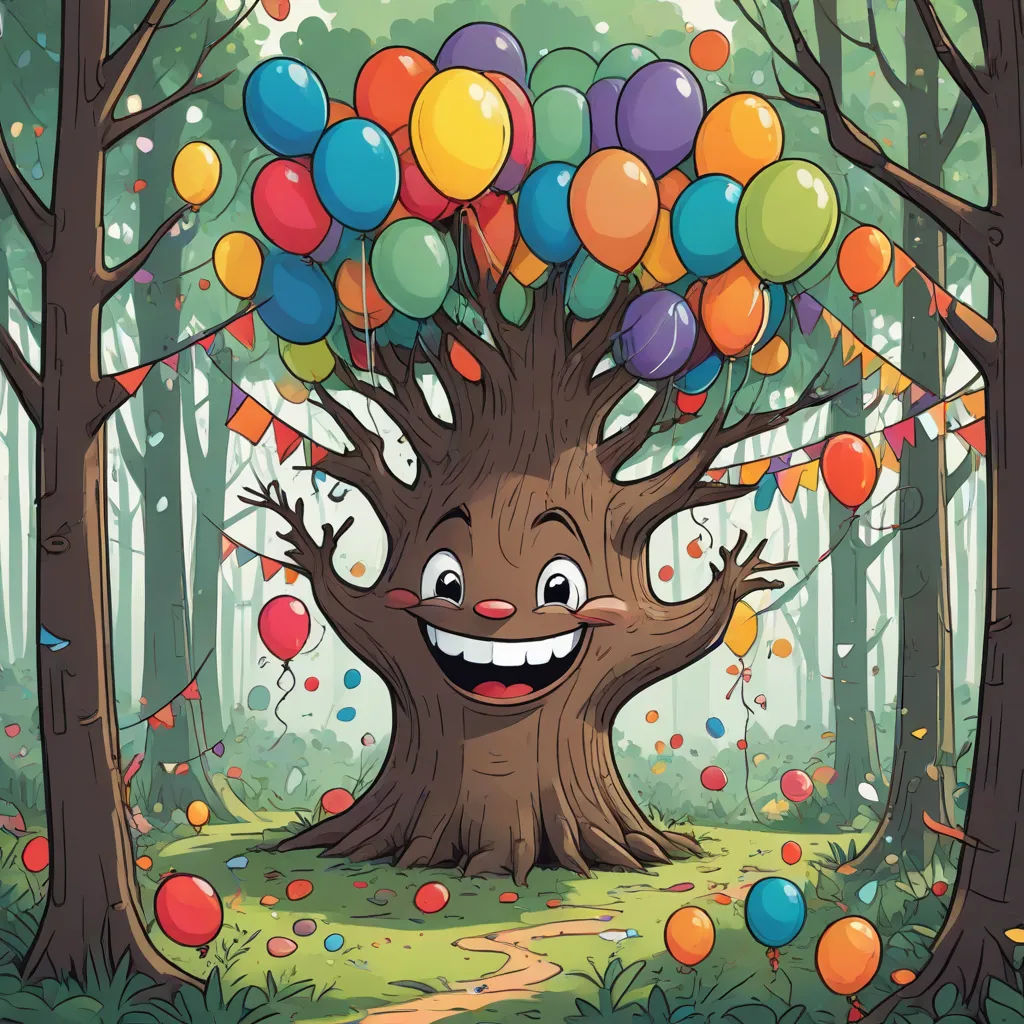 a cartoon tree with balloons on it's head and a path in the woods with a path leading to it, a storybook illustration, Chris LaBrooy, context art, storybook illustration