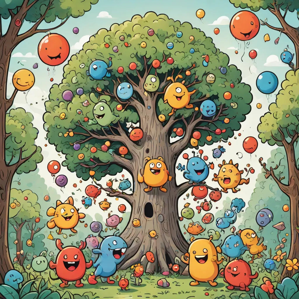 a cartoon tree with many different colored birds around it and balloons floating around it in the air above it, a storybook illustration, Chris LaBrooy, neoplasticism, josan gonzales and dan mumford