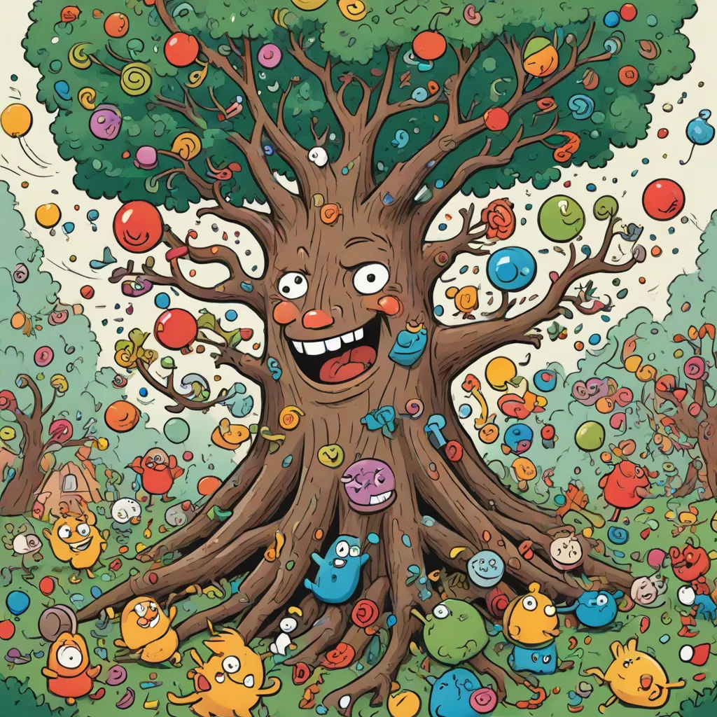 a cartoon tree with many different faces and bubbles around it, with a cartoon character on the tree's face, a storybook illustration, Chris LaBrooy, neoplasticism, josan gonzales and dan mumford