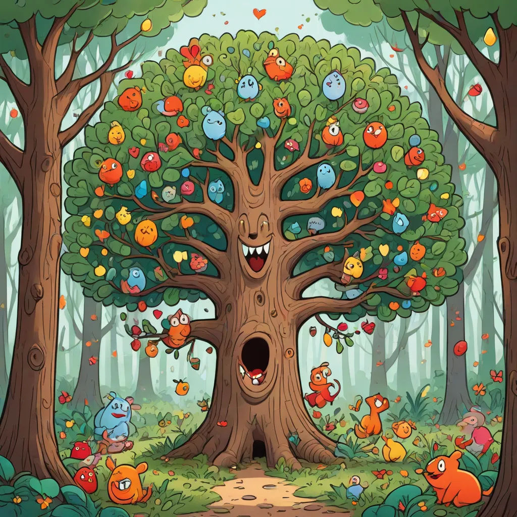 a cartoon tree with many different faces and leaves on it, surrounded by other trees and animals, with a pathway leading to the tree, a storybook illustration, Chris LaBrooy, fantasy art, comic cover art