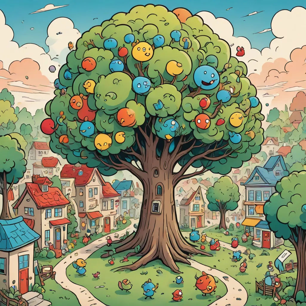 a cartoon tree with many faces on it and a small house in the background with a blue roof and a red roof, a storybook illustration, Chris LaBrooy, context art, josan gonzales and dan mumford