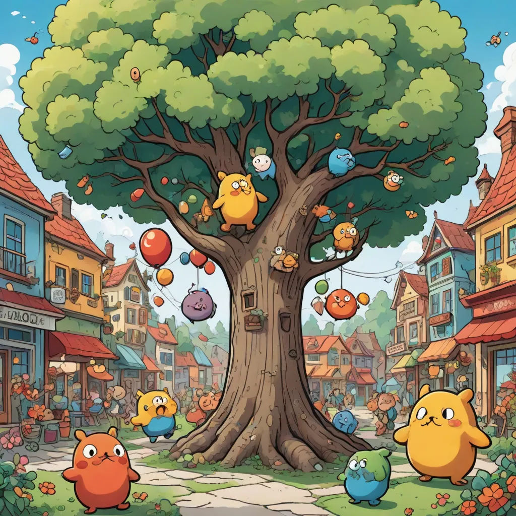 a cartoon tree with many different characters around it and a bunch of balloons in the air above it,, concept art, Chris LaBrooy, fantasy art, official art